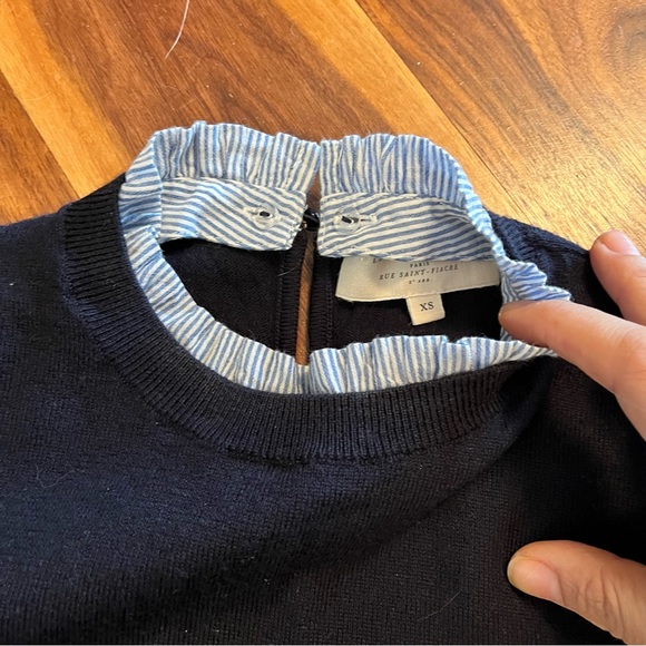 Sold on XP Sezane Eduardo Navy Wool Sweater w Seersucker collar - Picture 3 of 8